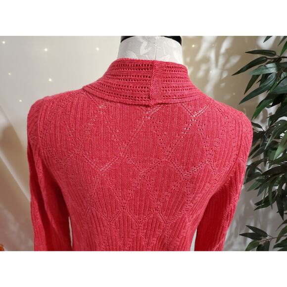 Nic + Zoe Linen Blend Open Pointelle Knit Cardigan Size L Semi Sheer Coral Pink - Picture 6 of 10
